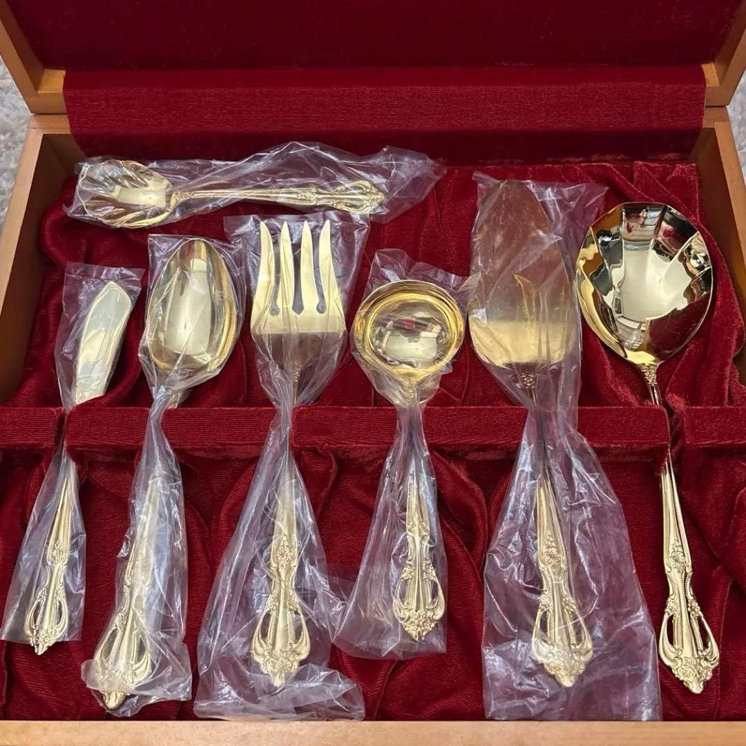 【未使用】サンクラフト 24金仕上げ カトラリーセット 55点 8客用 木箱付