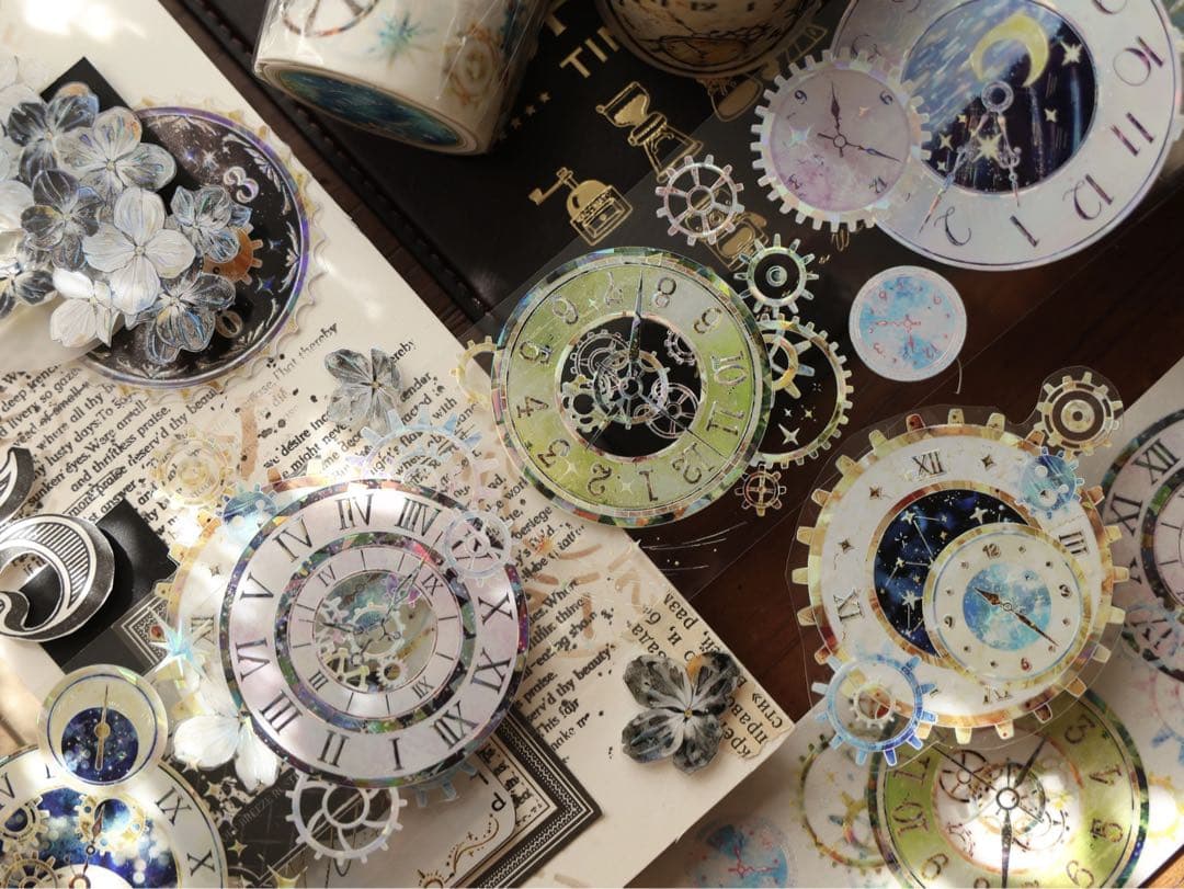 【9484】海外　5m巻　貝殻光マスキングテープ　星時計　カラフル　装飾系