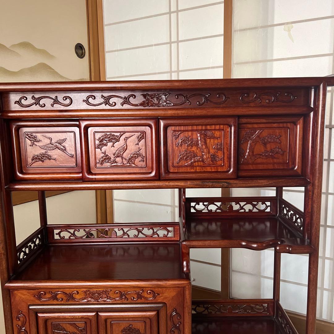 【美品】違い棚　紫檀　松と鶴模様　和家具 茶箪笥 唐木 昭和レトロ