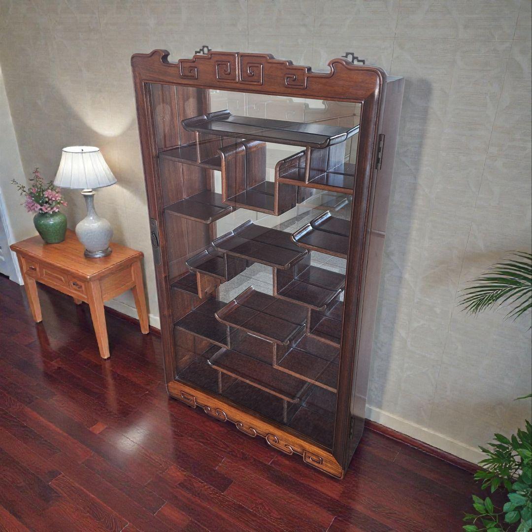 唐木 壁掛け飾り棚 ガラスキュリオ 中国家具 花梨調 77cm