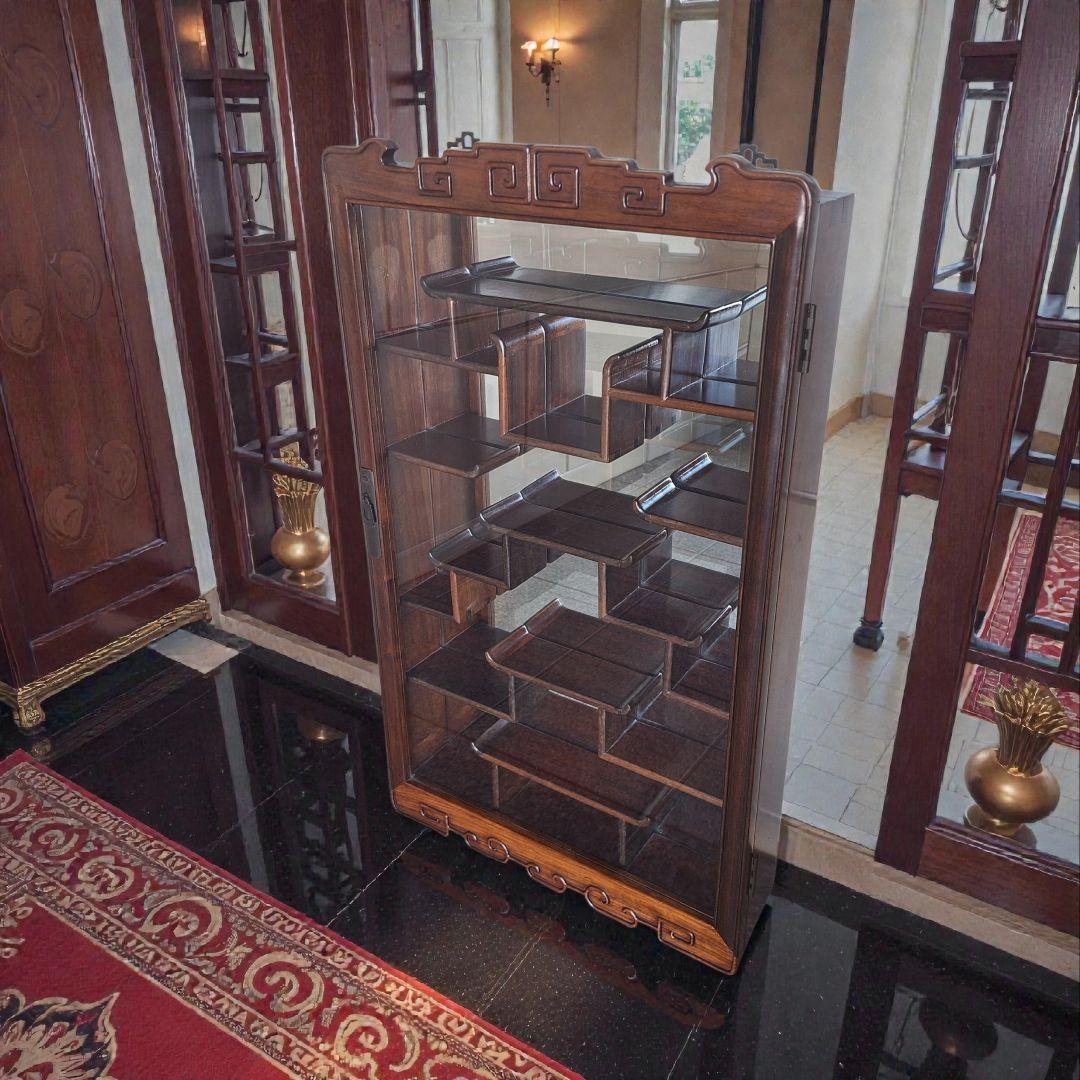 唐木 壁掛け飾り棚 ガラスキュリオ 中国家具 花梨調 77cm