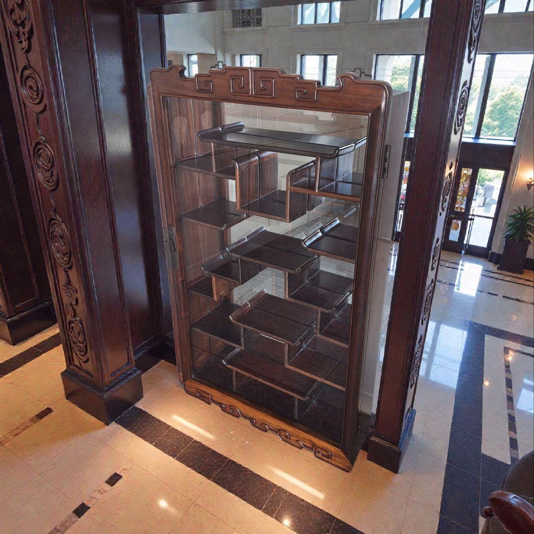 唐木 壁掛け飾り棚 ガラスキュリオ 中国家具 花梨調 77cm