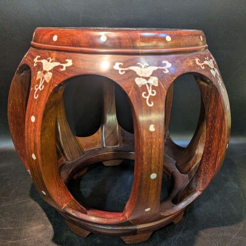 螺鈿 細工 唐木 花梨 花台 丸椅子 スツール 高級家具 中国美術 李朝 飾り台