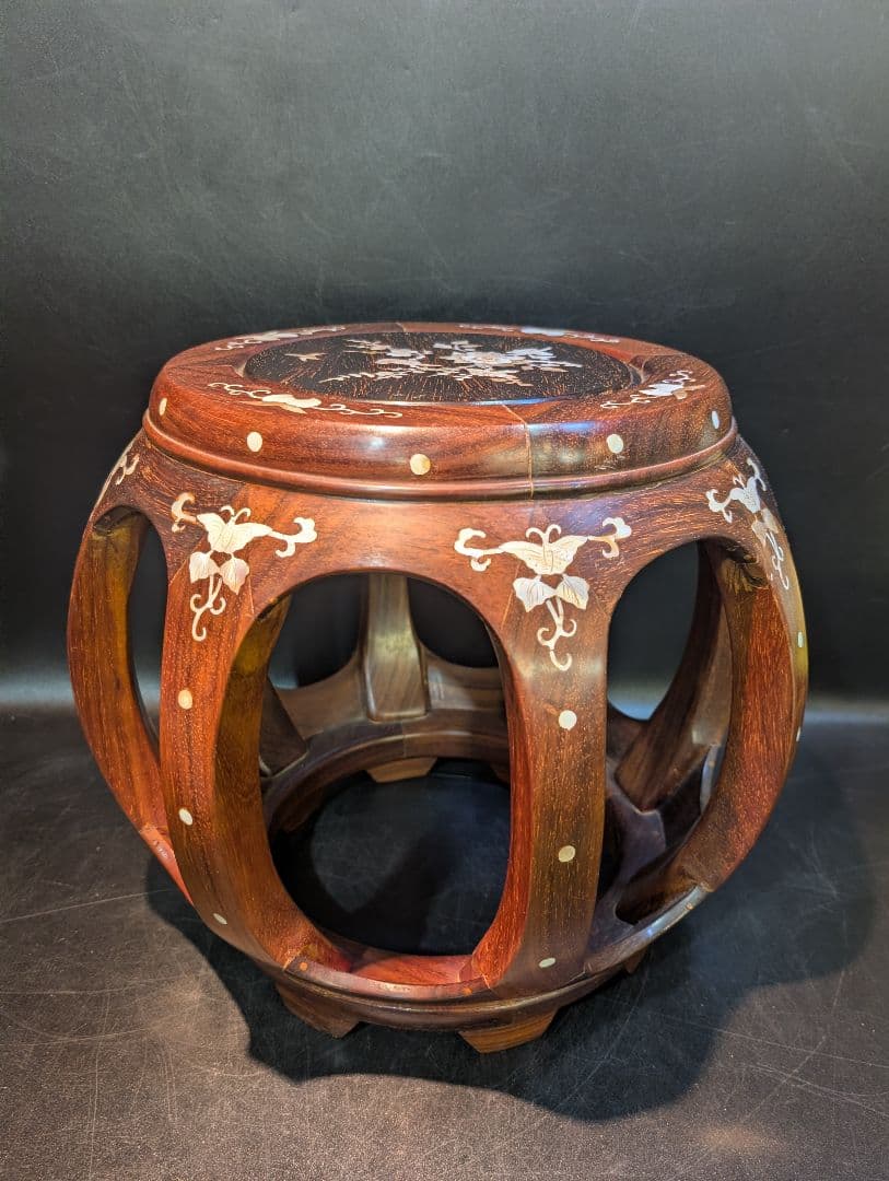 螺鈿 細工 唐木 花梨 花台 丸椅子 スツール 高級家具 中国美術 李朝 飾り台