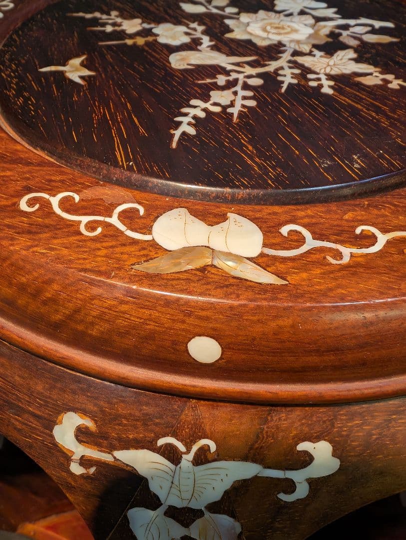 螺鈿 細工 唐木 花梨 花台 丸椅子 スツール 高級家具 中国美術 李朝 飾り台