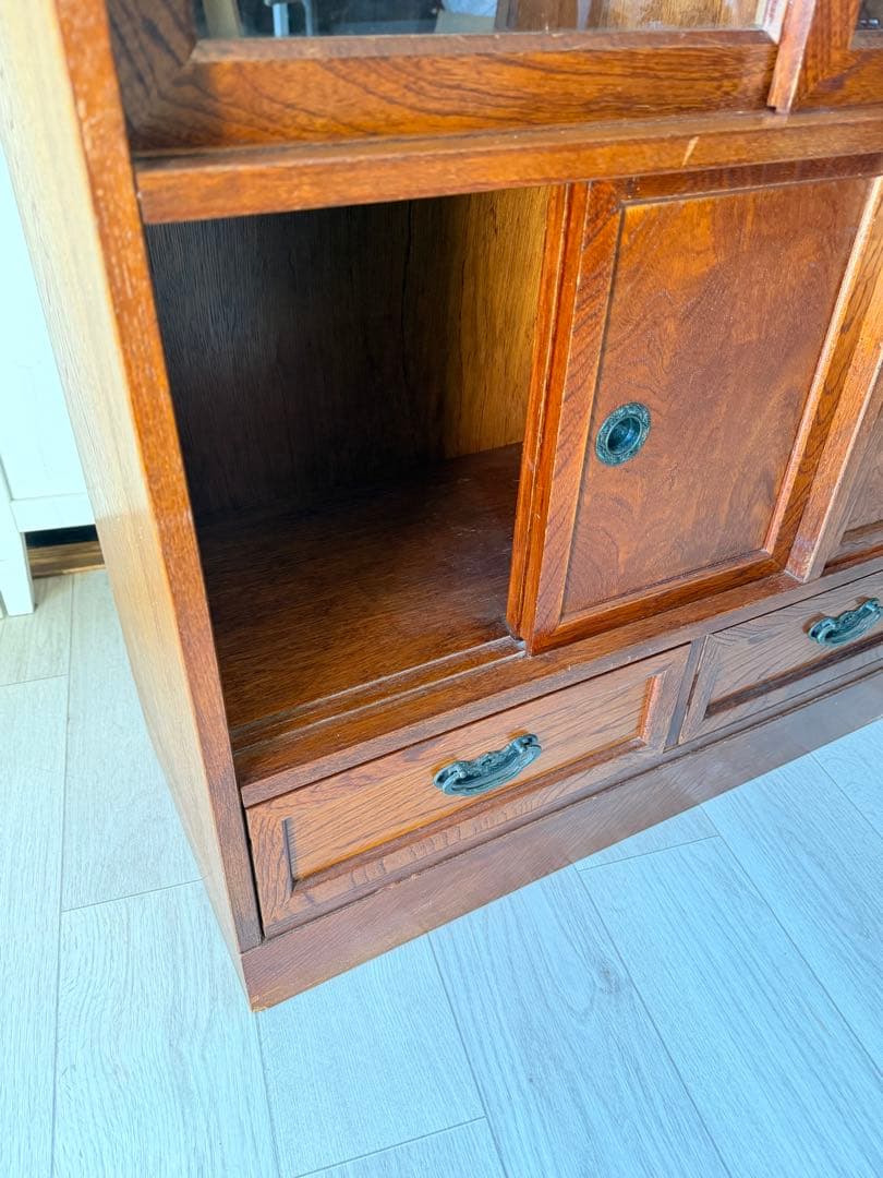 欅材 水屋箪笥 茶箪笥 ガラス飾り棚 レトロ 木製 アンティーク 日本製 古家具