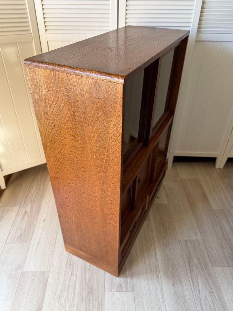 欅材 水屋箪笥 茶箪笥 ガラス飾り棚 レトロ 木製 アンティーク 日本製 古家具