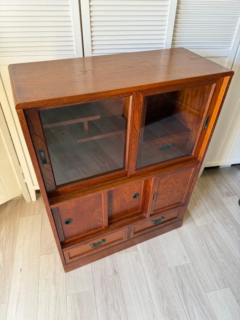 欅材 水屋箪笥 茶箪笥 ガラス飾り棚 レトロ 木製 アンティーク 日本製 古家具