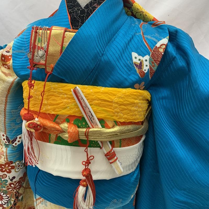 507ag60□七五三 七歳 女児 着物&袋帯 金彩 鈴 蝶□状態良好