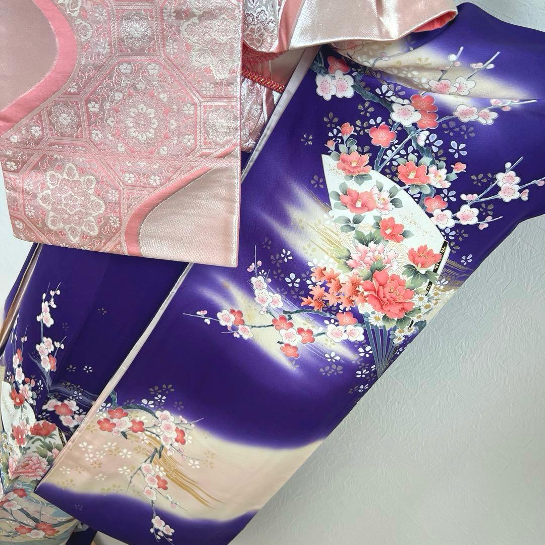 489 振袖フルセット 正絹 紺 ネイビー 青紫 桃 金彩 暈し染め 華やか