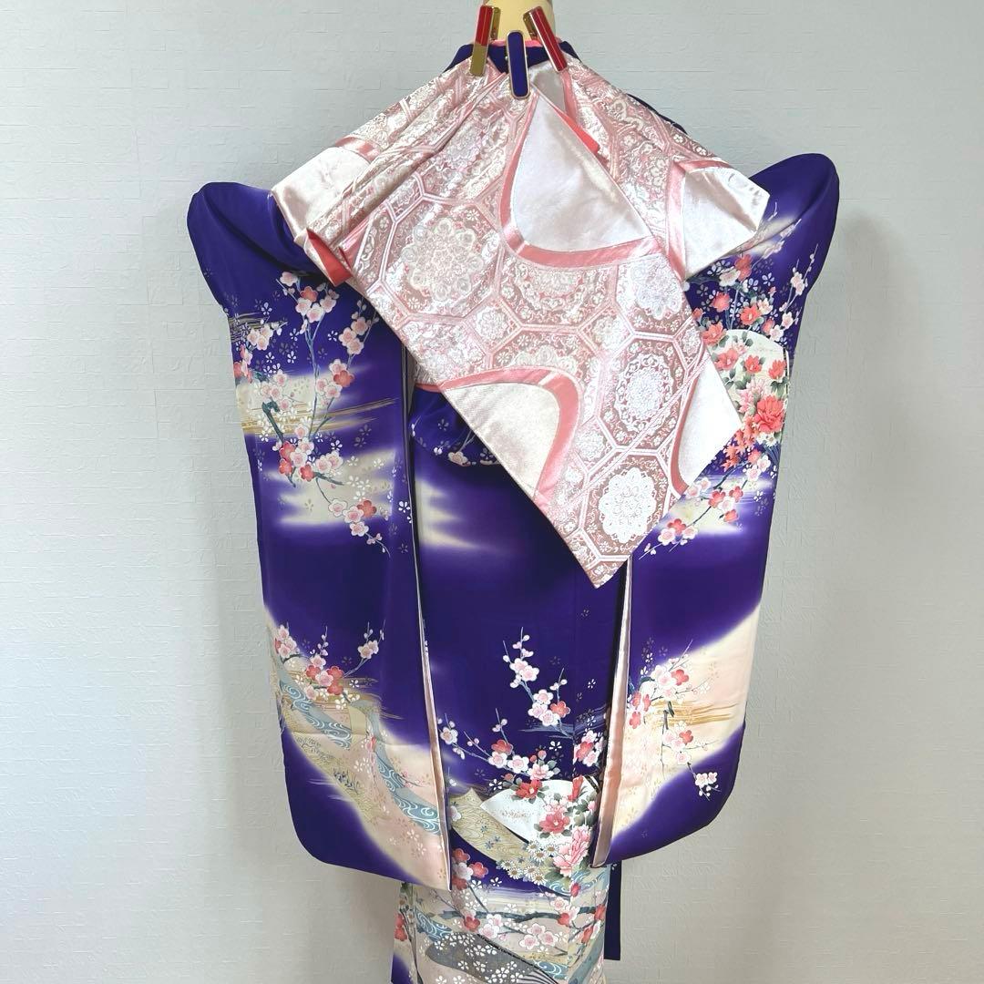 489 振袖フルセット 正絹 紺 ネイビー 青紫 桃 金彩 暈し染め 華やか