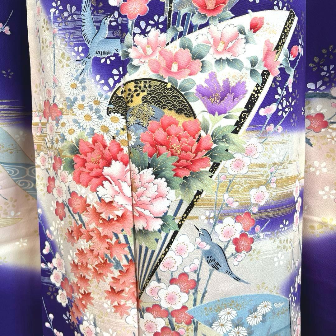 489 振袖フルセット 正絹 紺 ネイビー 青紫 桃 金彩 暈し染め 華やか