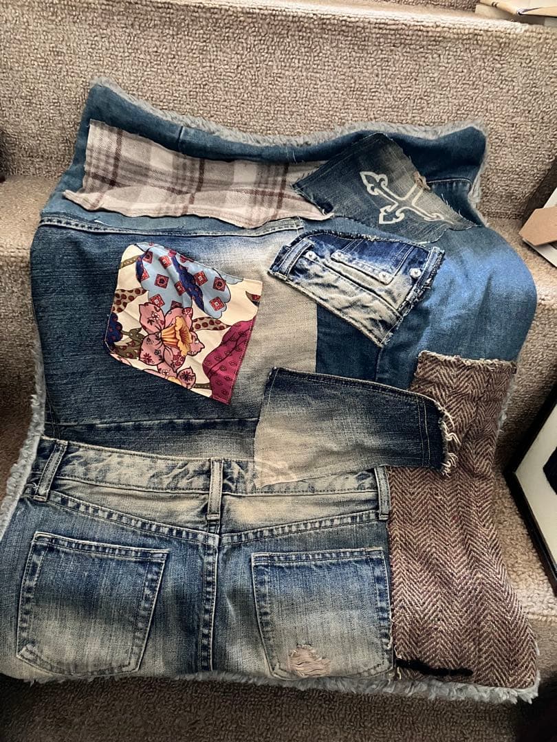 ハンドメイドブランケット　膝掛け　リサイクルデニム パッチワークご確認用