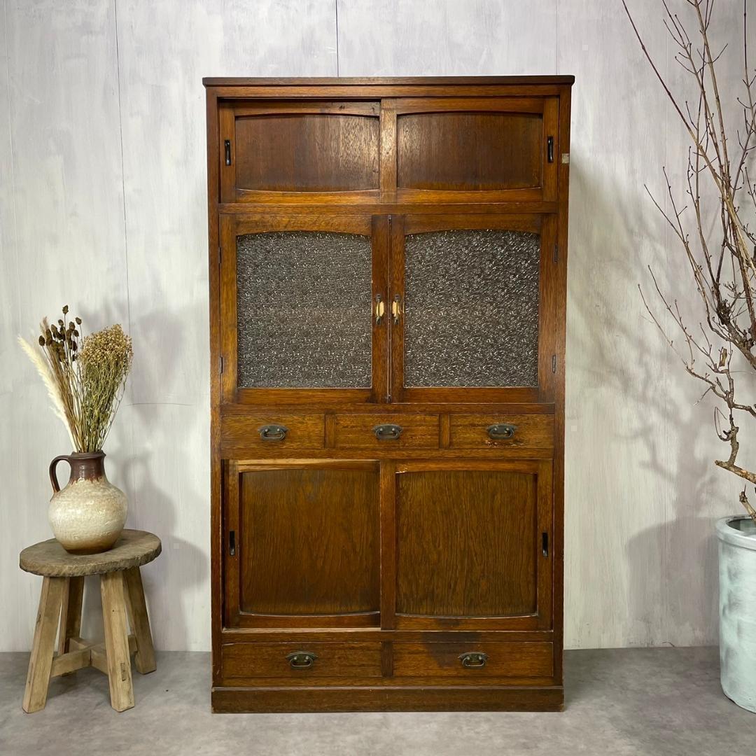 ヴィンテージ ダイヤガラス 食器棚 水屋箪笥 飾り棚 収納 和家具 昭和レトロ