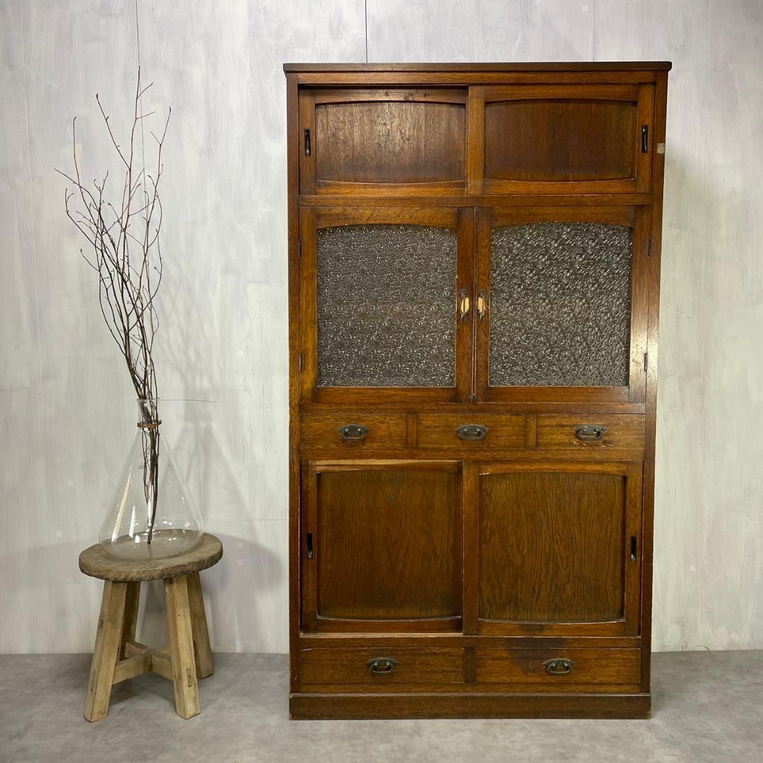 ヴィンテージ ダイヤガラス 食器棚 水屋箪笥 飾り棚 収納 和家具 昭和レトロ