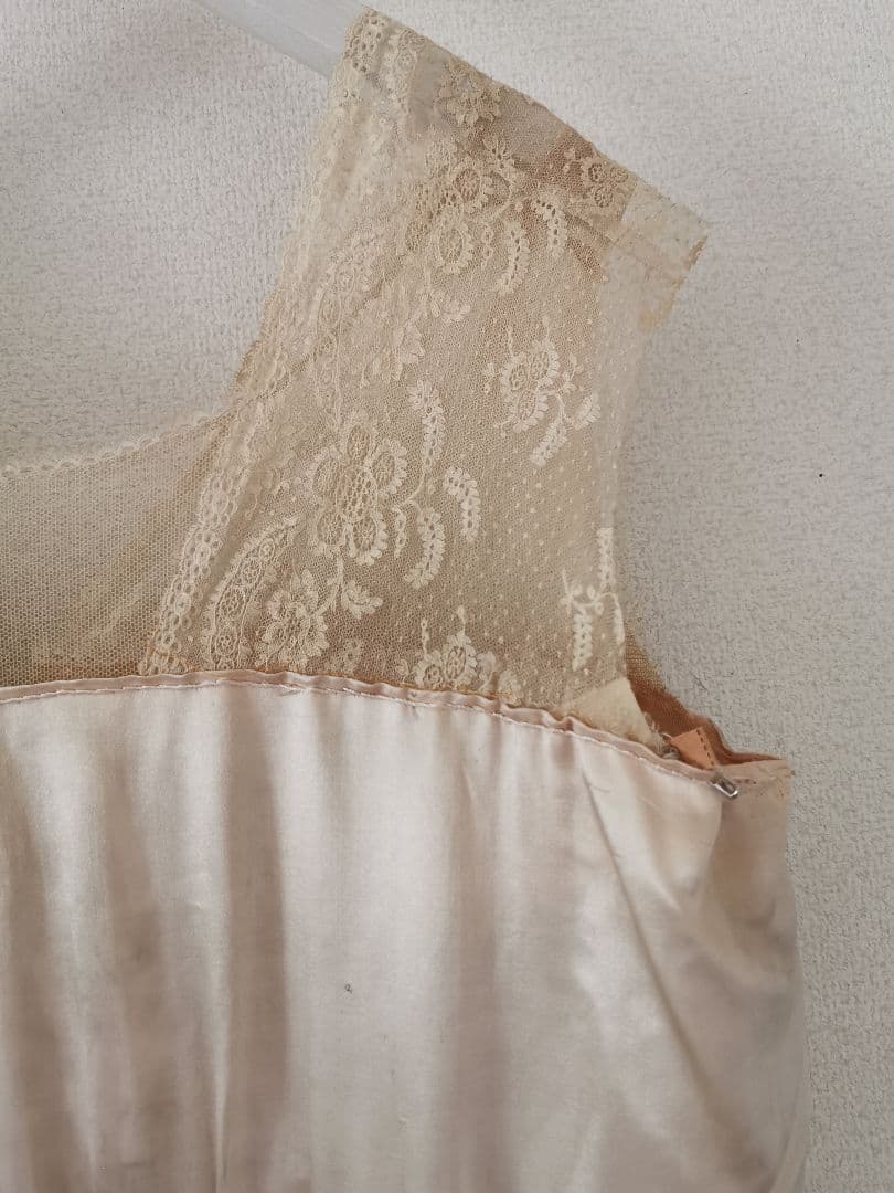 欧米アンティーク キャリックマクロスレース刺繍チュール パーティー シルクドレス