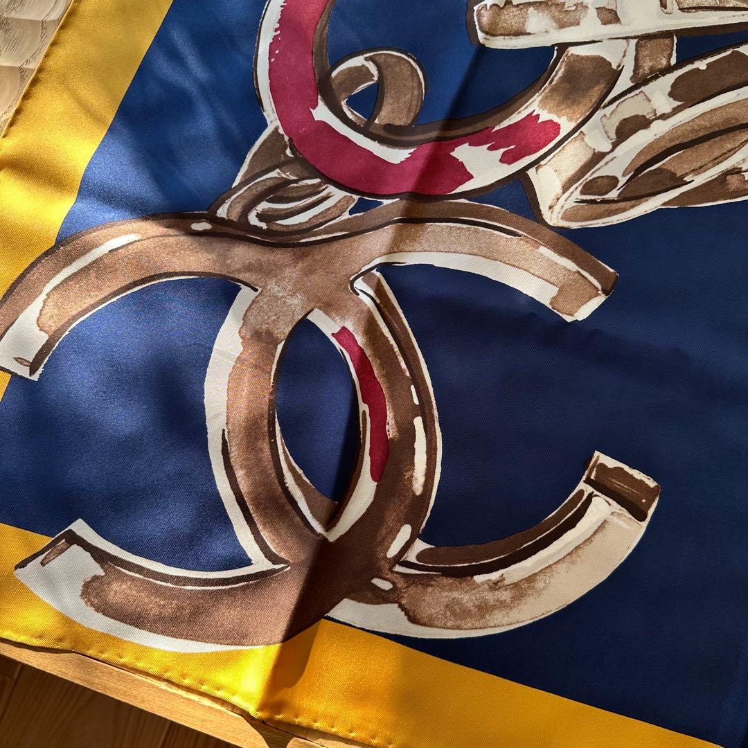 CHANEL シャネル　ココマーク　スカーフ シルク チェーン 紺