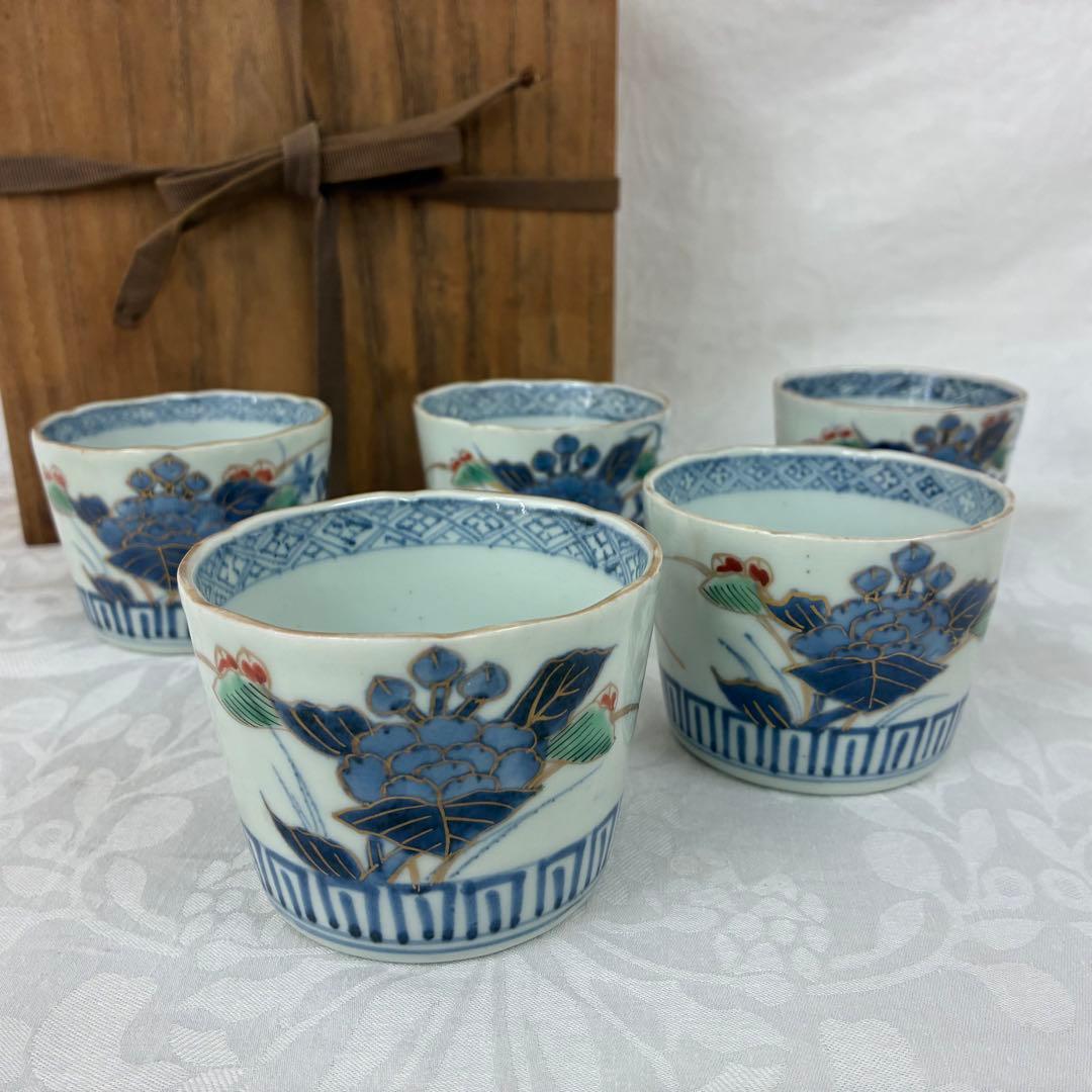 古伊万里 蕎麦猪口 金彩色絵 草花文5客 骨董品 アンティーク