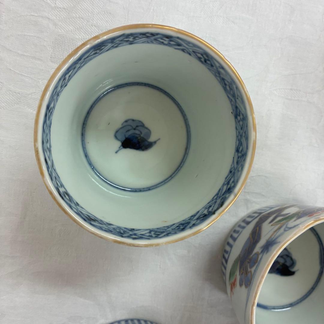 古伊万里 蕎麦猪口 金彩色絵 草花文5客 骨董品 アンティーク