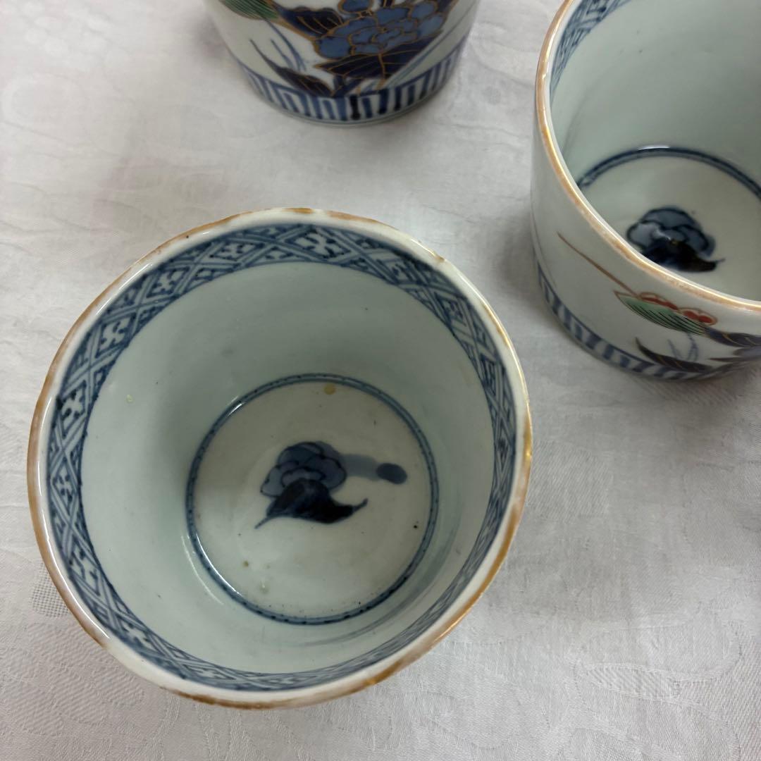 古伊万里 蕎麦猪口 金彩色絵 草花文5客 骨董品 アンティーク