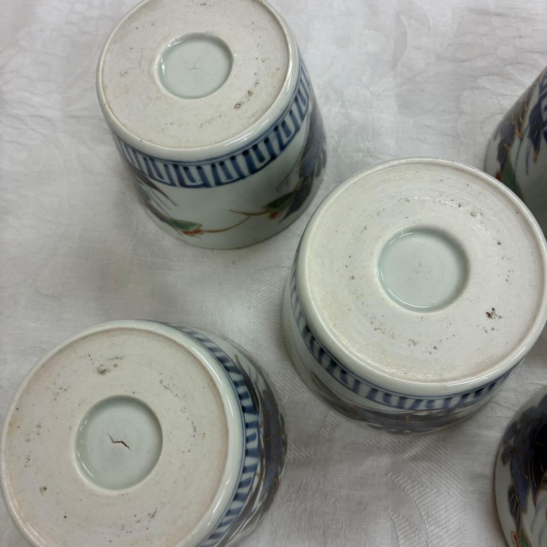 古伊万里 蕎麦猪口 金彩色絵 草花文5客 骨董品 アンティーク