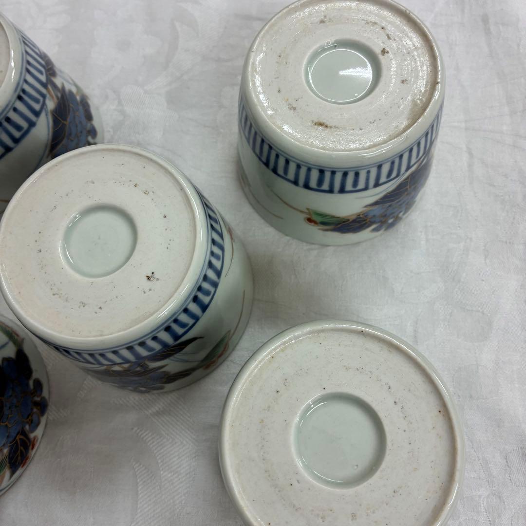 古伊万里 蕎麦猪口 金彩色絵 草花文5客 骨董品 アンティーク