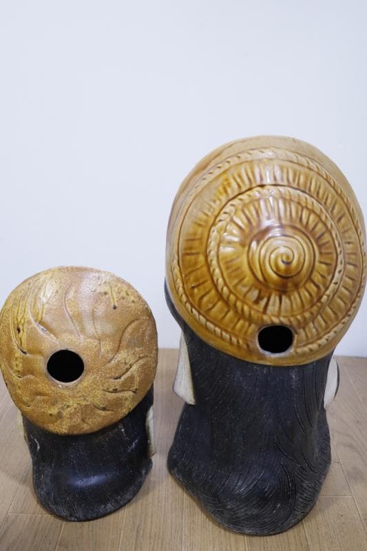 展示品◆信楽焼　狸さん 置物　2体セット◆大　高さ47㎝・小　高さ34㎝　①