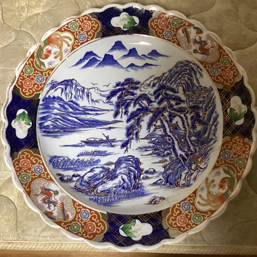 古伊万里　金欄手　尺3寸大皿　　楼閣に山水図　《明治、大正期》の大皿　飾り皿