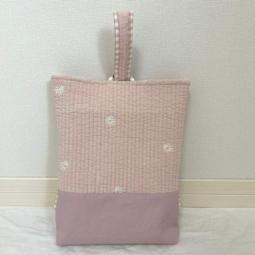 入園入学3点セット　【ピンクお花ヌビ×くすみピンク】　女の子　レッスンバッグ