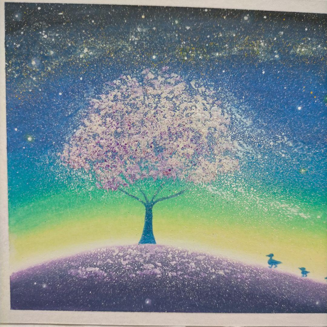 カルガモ親子と桜 天の川 オイルパステル画原画 ハガキサイズ絵画 #76