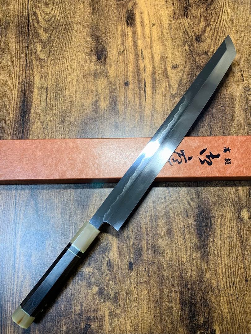 堺打刃物　森本光一作　刺身　先丸　白ニ鋼 水本焼　尺　鏡面　黒檀両白水牛銀巻柄