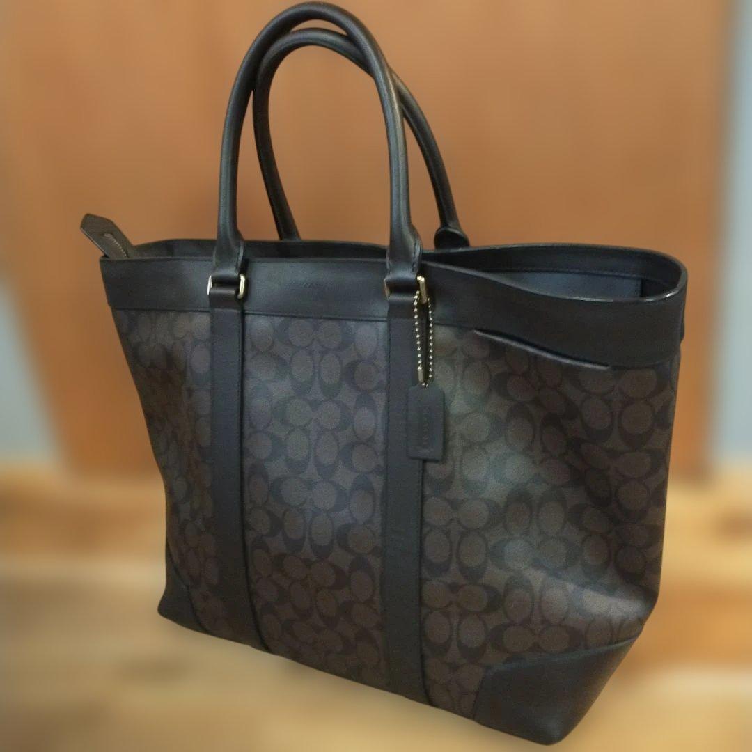 美品 COACH 70853シグネチャービッグサイズトートバッグ ダークブラウン