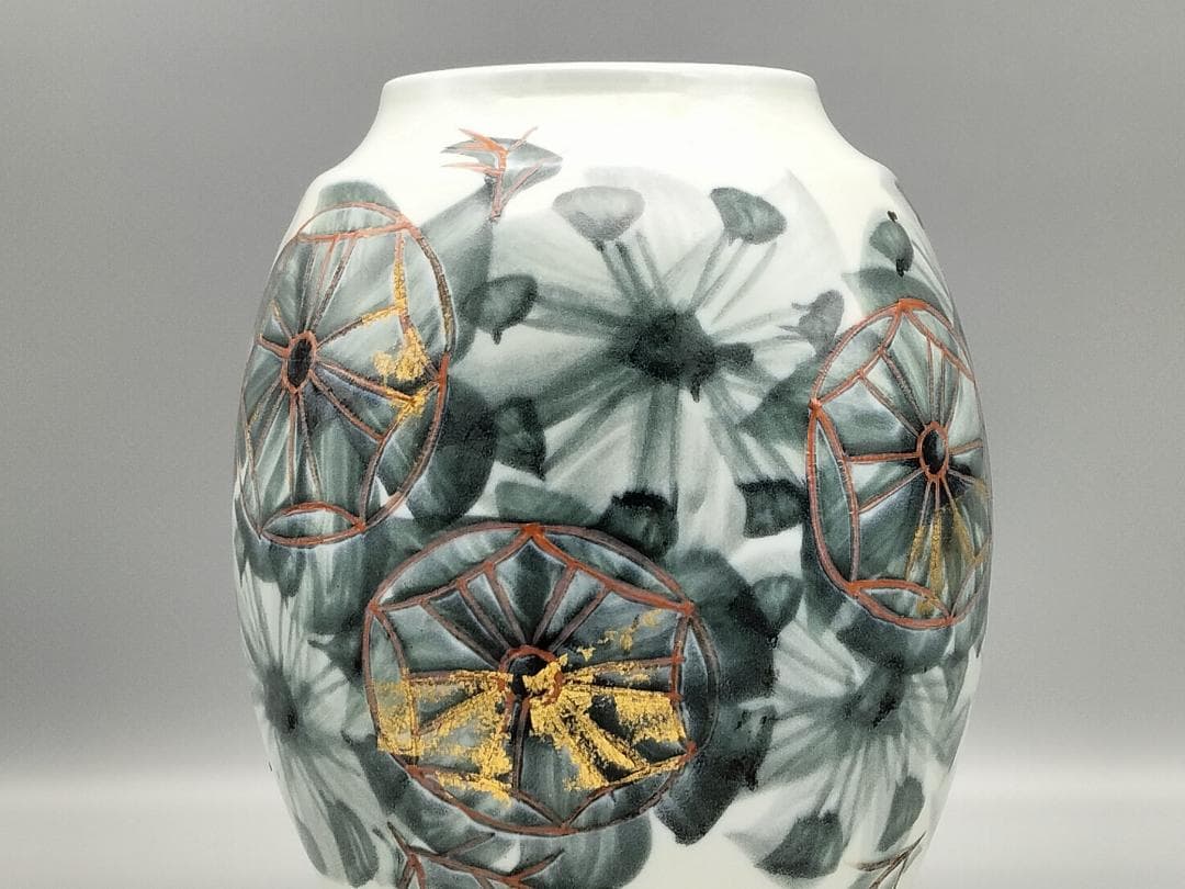 痴陶人作 色絵緑釉金箔蓬莱文 花瓶　と同作 色絵カナリヤ文向付(サービス品)