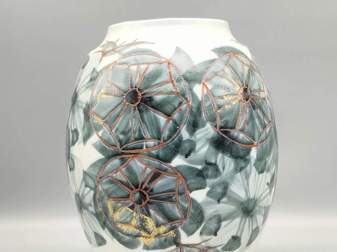 痴陶人作 色絵緑釉金箔蓬莱文 花瓶　と同作 色絵カナリヤ文向付(サービス品)