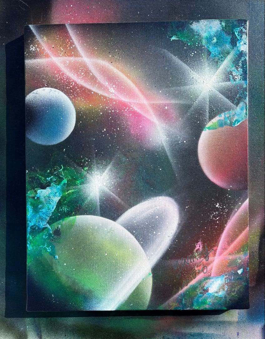 【456】スプレーアート　宇宙　彗星　惑星　オーロラ　F6サイズ　キャンバス　星