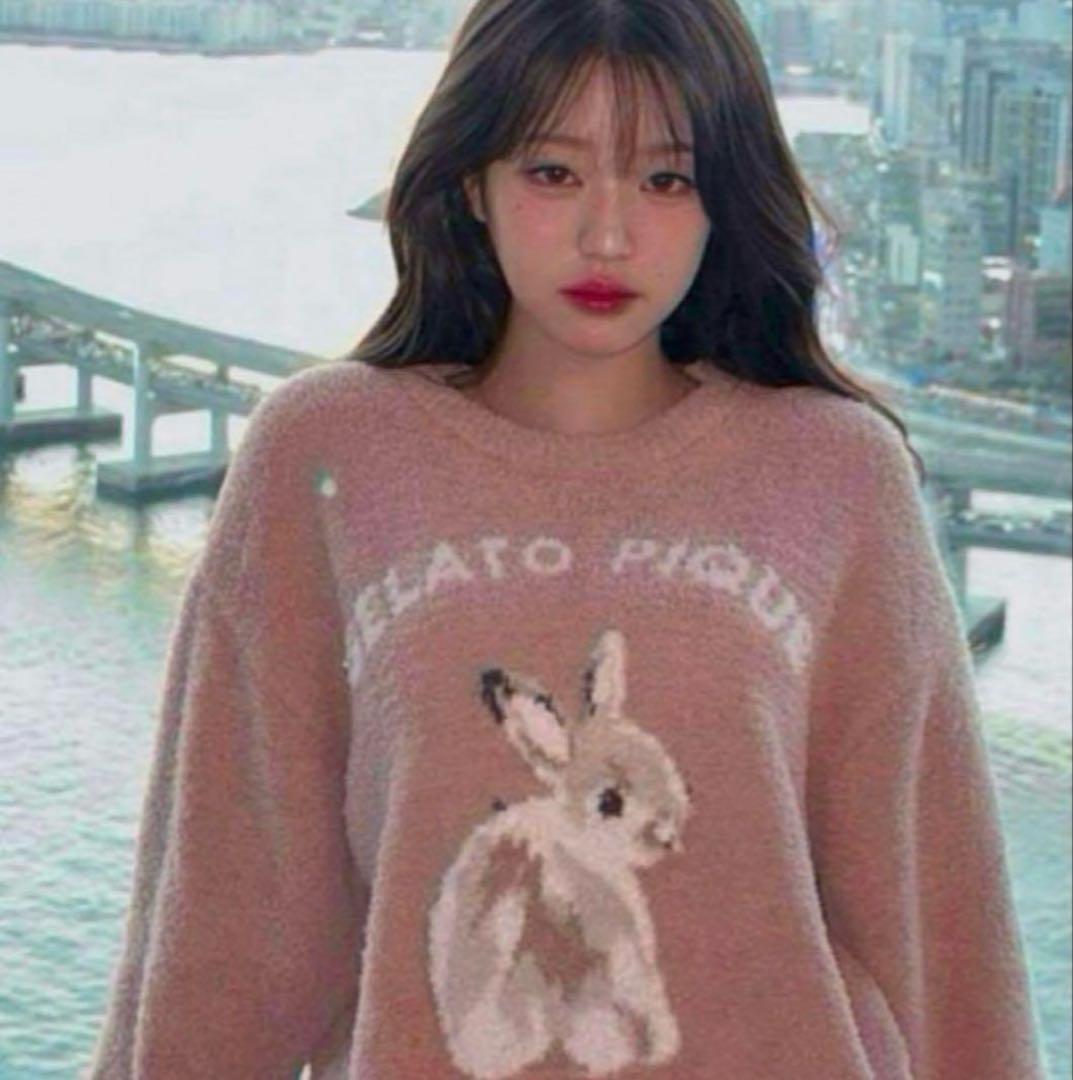 新品ジェラートピケラビットジャガードプルオーバー&ロングパンツ　上下　ピンク