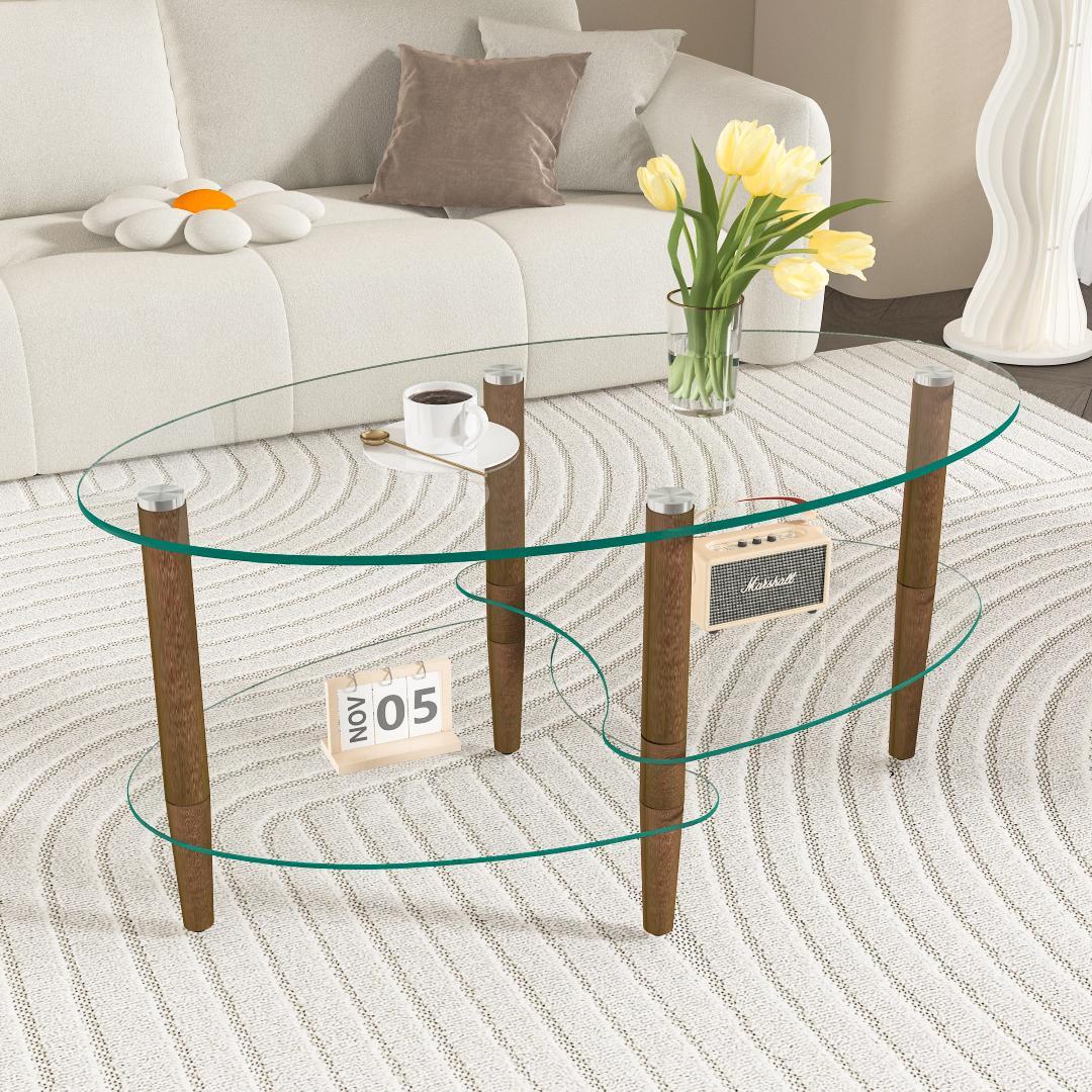 楕円形コーヒーテーブル 透明3段天板 オーク材脚 モダンリビングテーブル