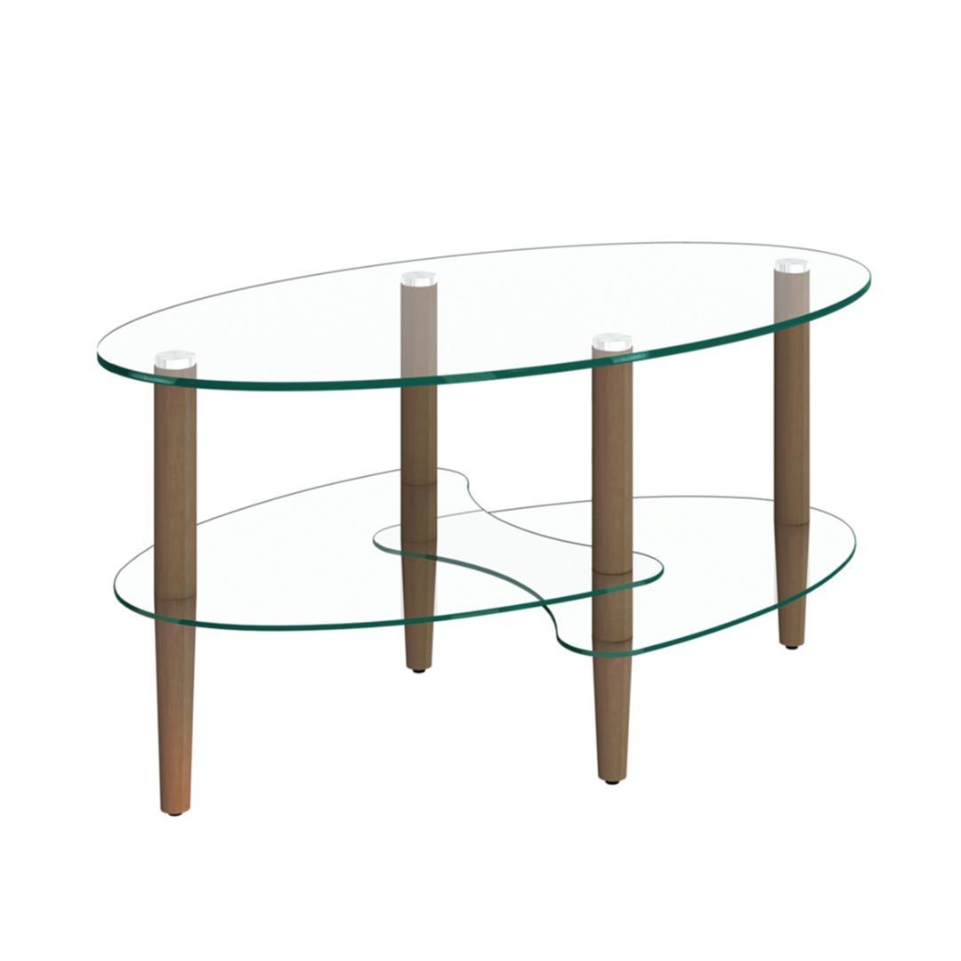 楕円形コーヒーテーブル 透明3段天板 オーク材脚 モダンリビングテーブル