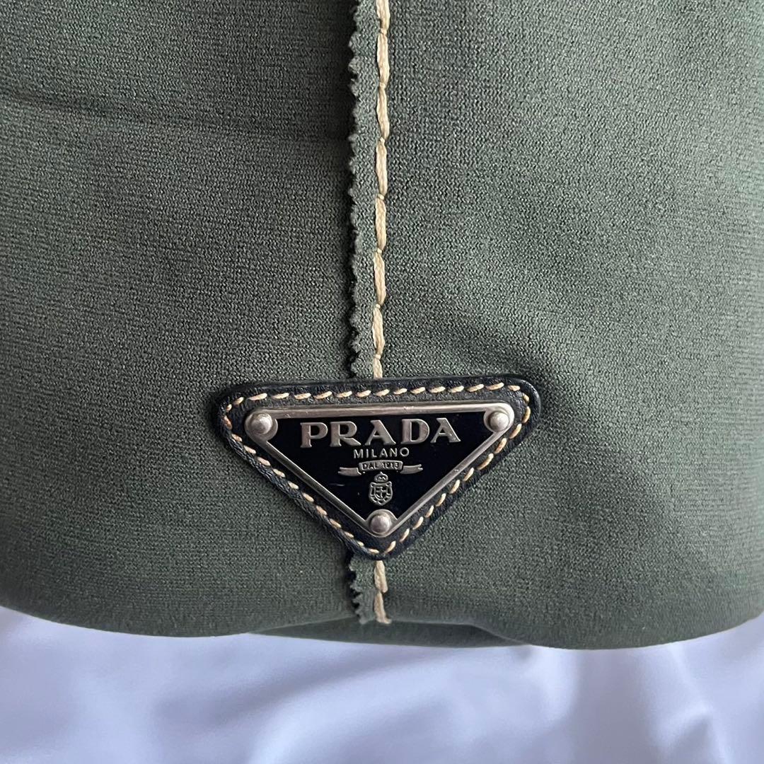 ■良品■ PRADA トートバッグ　白タグ　ジャージ素材　レザー　カーキ