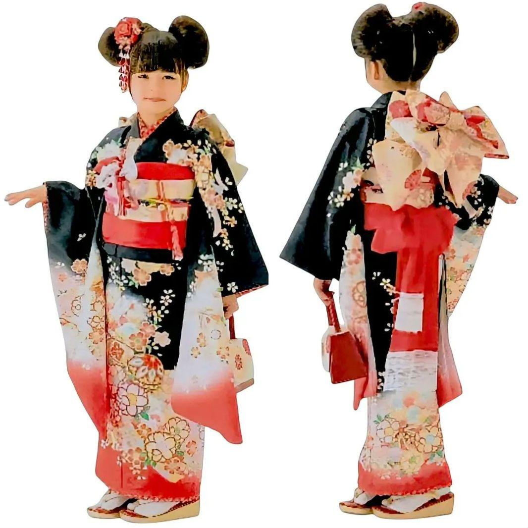 美品✨七五三フルセット7歳 女の子 花うさぎ 着物 黒 四つ身 モダン 日本製