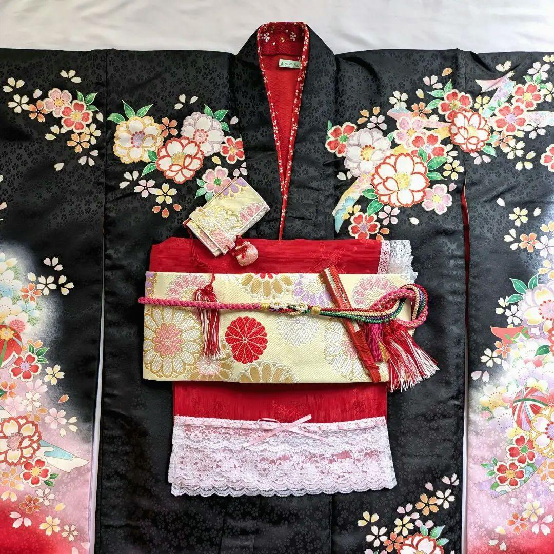 美品✨七五三フルセット7歳 女の子 花うさぎ 着物 黒 四つ身 モダン 日本製