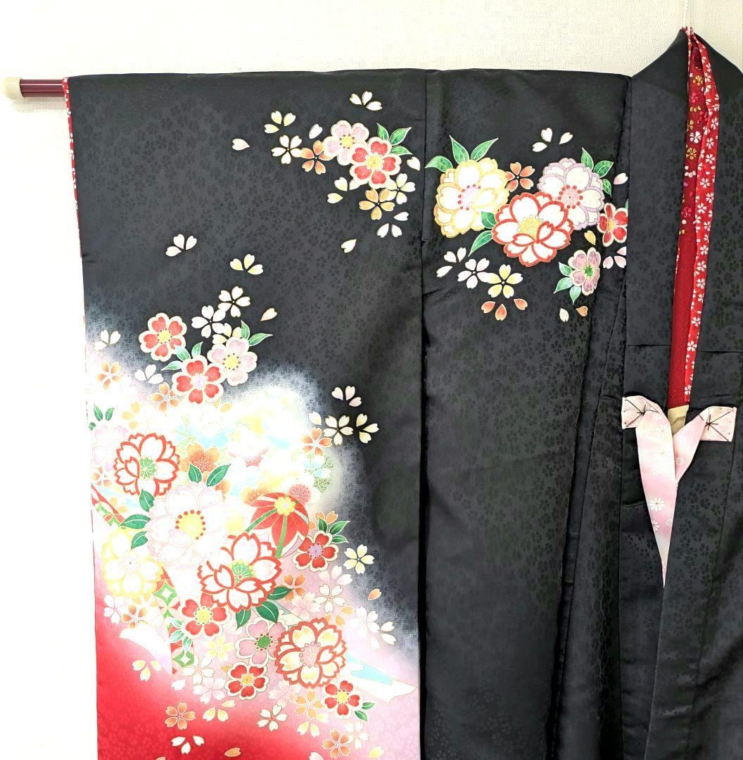 美品✨七五三フルセット7歳 女の子 花うさぎ 着物 黒 四つ身 モダン 日本製