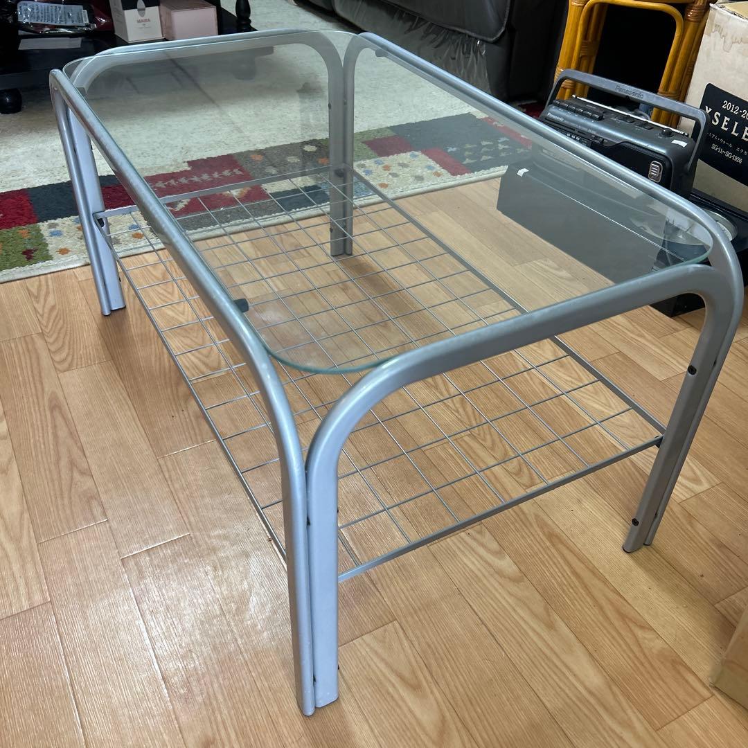 【アンティーク】アイアンフレーム 長方形 ガラスローテーブル 網棚付き