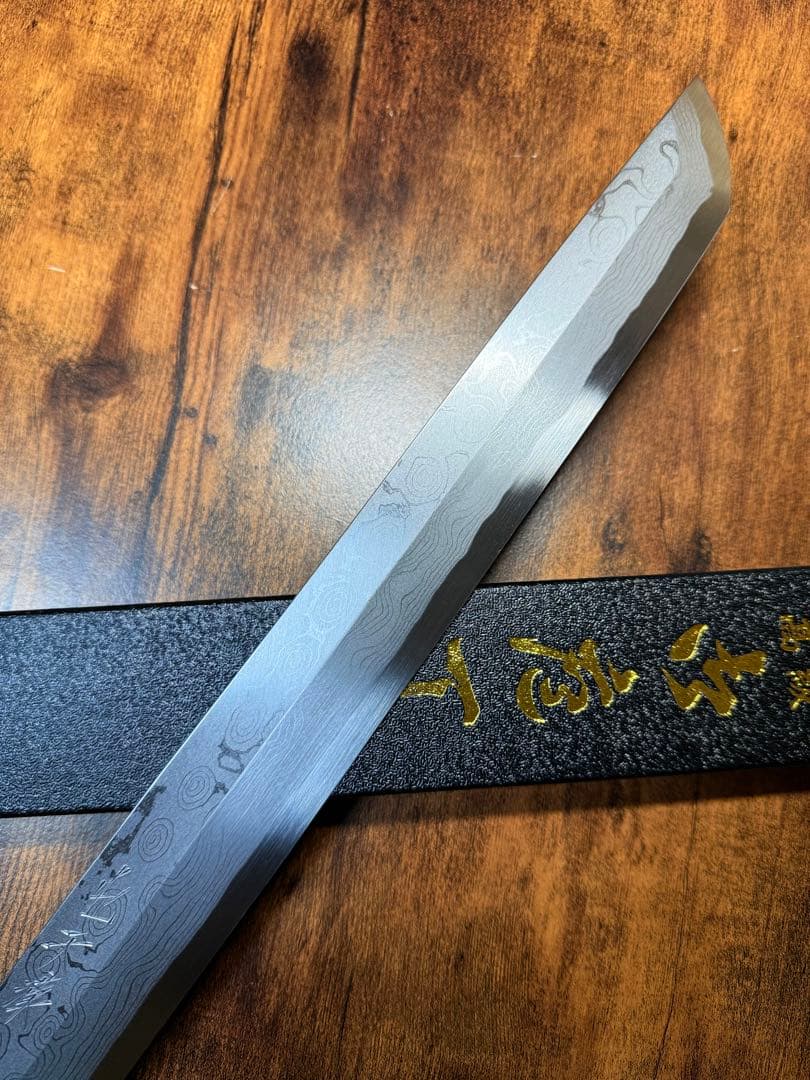 森本光一作　刺身 先丸　青ニ鋼 墨流し　尺二寸　黒檀八角白水牛柄