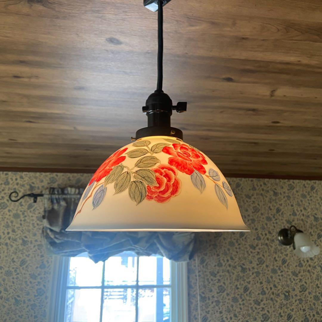 アンティーク照明　電笠　薔薇絵付　磁器シェード　ペンダントライト