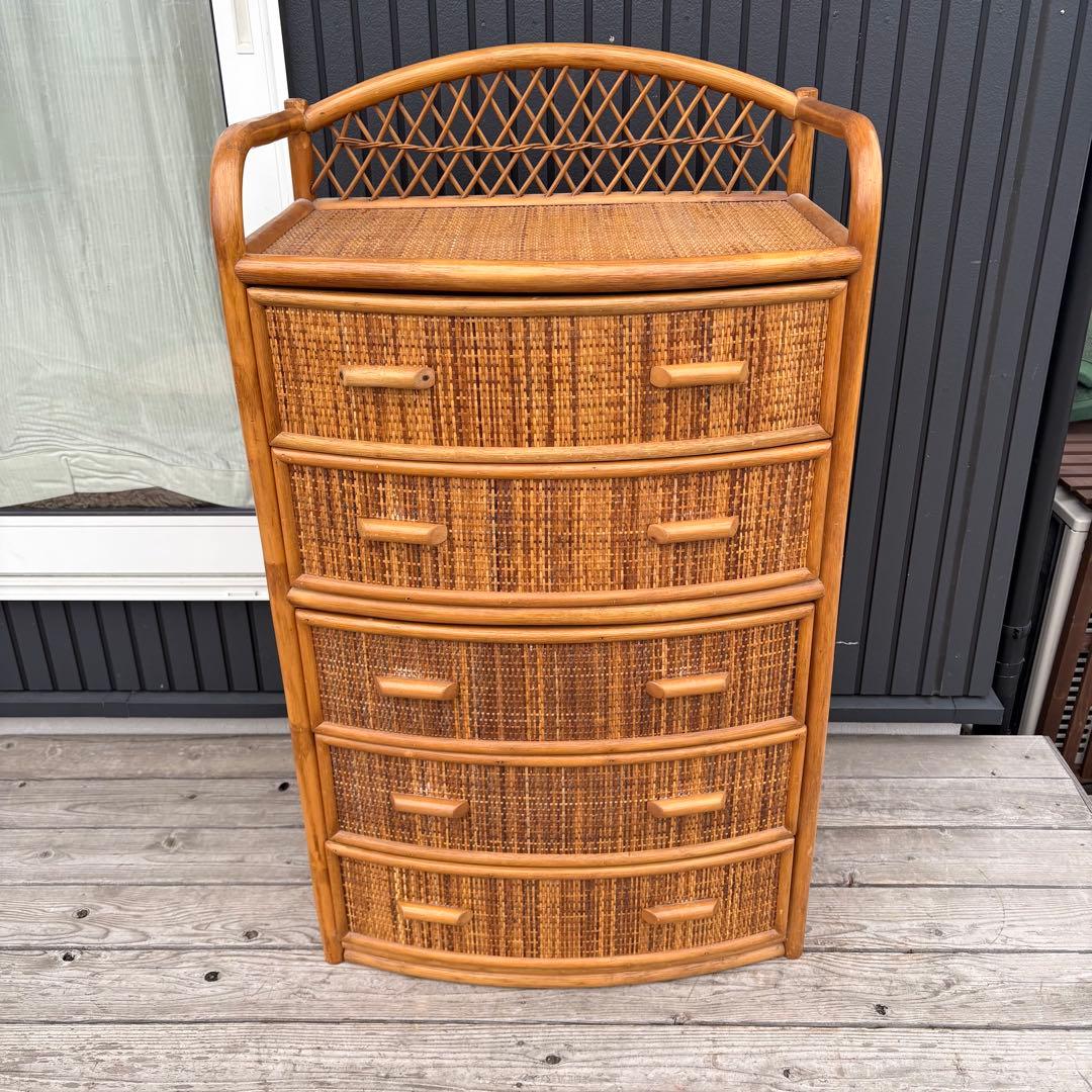 昭和レトロ 大型 ラタンチェスト 5段 引き出し 籐家具 ナチュラル 収納家具
