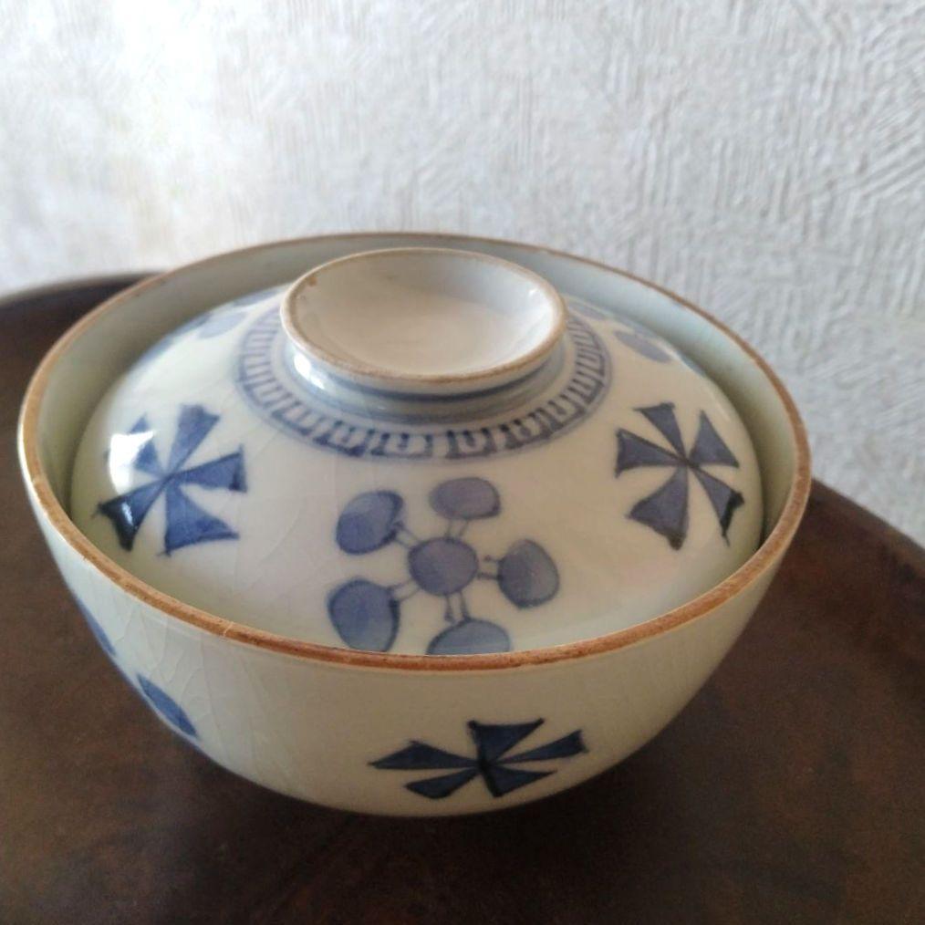 古伊万里染付幾何学花文蓋付き茶碗蕎麦猪口江戸時代