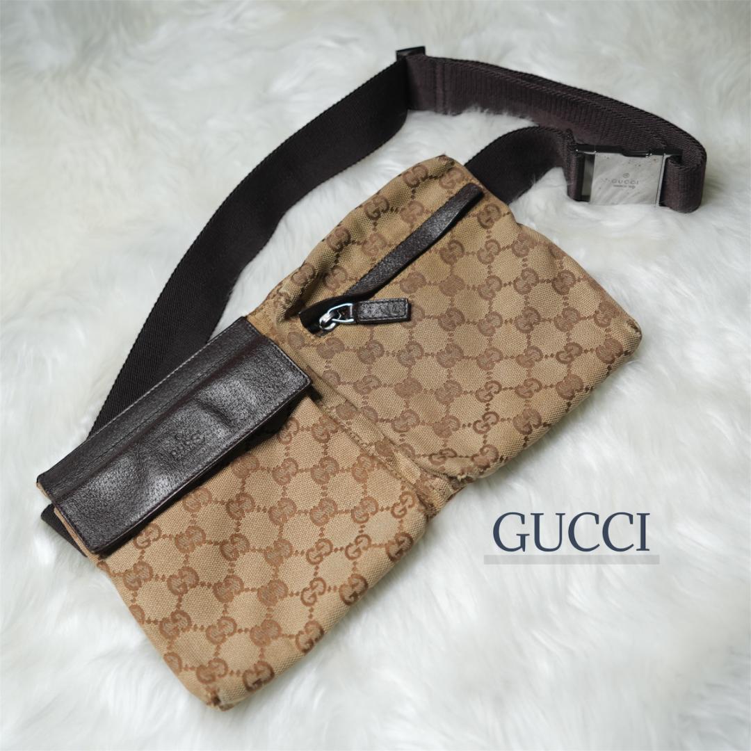 グッチ GUCCI ボディバッグ GG レザー 革 キャンバス ブラウン