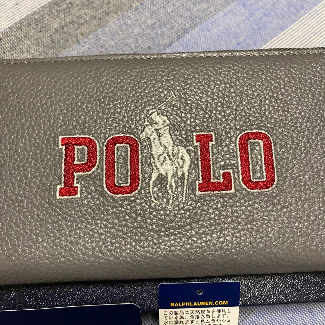 【新品】POLO RALPH LAUREN POLO刺繍 レザー長財布 グレー