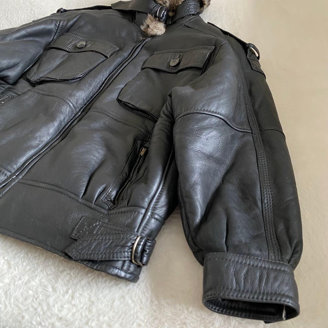 【美品】スペイン製　リアルムートン　レザーフライトジャケット　ブラック　L